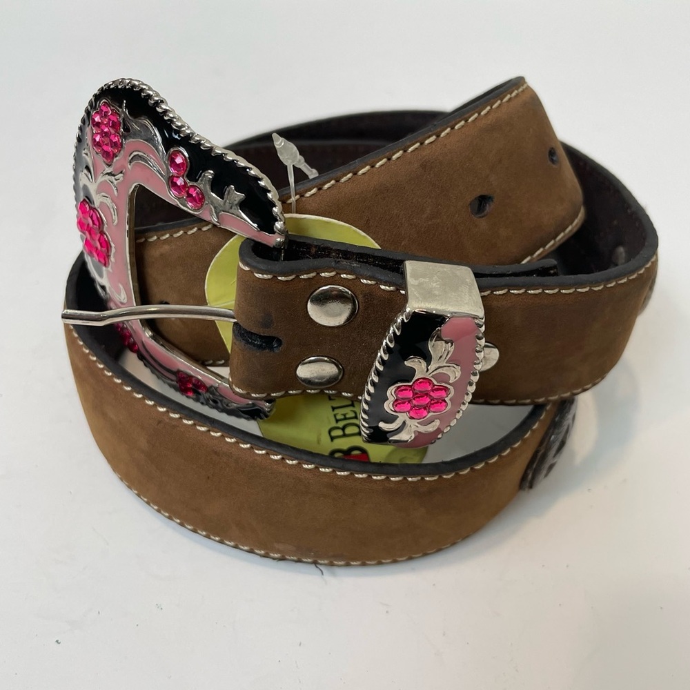 Leather Brown Belt Silver Texas Concho Pony Hair Detail Pink Floral Accents L